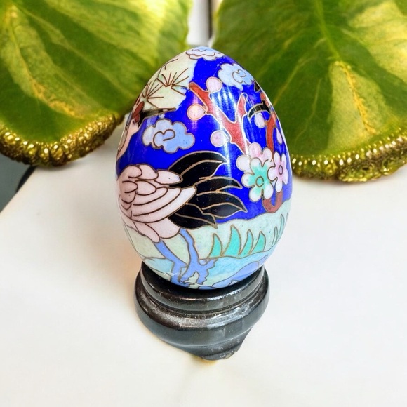 Chinese Cloisonné Enamel Egg & Wooden Stand - Picture 7 of 11
